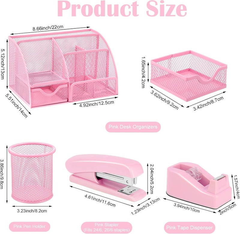 AuraRay Pink Desk Organizers and Accessories, Pink Office Supplies Include Mesh Desk Organizer, Tape Dispenser, Stapler, 1000 Staples, Staple Remover, Pen Holder, Clips Set, Ruler, Scissors - Image 2
